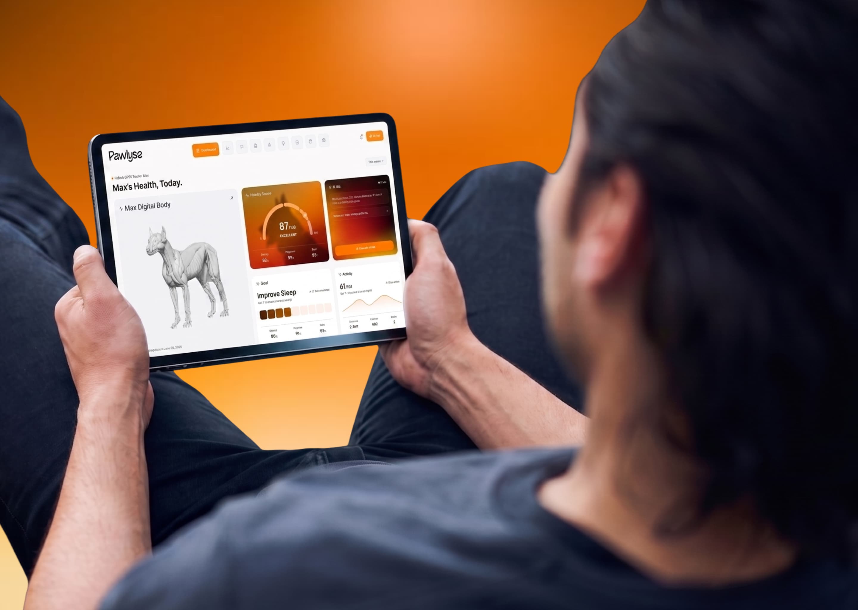 A man reading his dog’s health dashboard on a tablet, the day’s activity score and body map on screen
